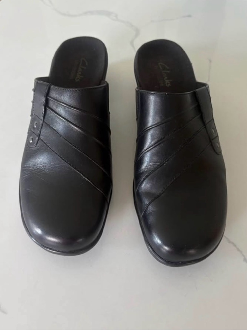 Clarks Women’s Black Leather Slip-On Clogs